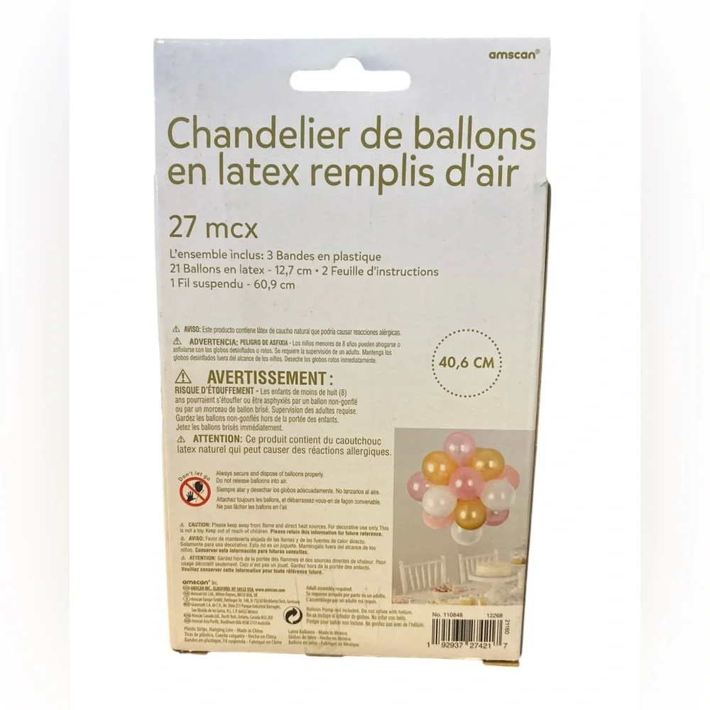 New- Amscan 16” Air-Filled Latex Balloon Chandelier - Pink, Gold, White